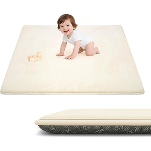 ACOMOPACK 1.3" Thick Baby Play Mat for Floor 50x50"-Memory Foam Water-Repellent Playpen Mat for Tummy Time,Non-Slip Soft Velvet Nursery Rug for Kids,Toddlers,Infants Crawling（Beige）