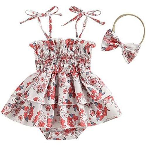 Baby Girl Smocked Romper Dress Vintage Floral Frill Trim One-Piece Bodysuit Playsuit+Headband Summer Bubble Clothes