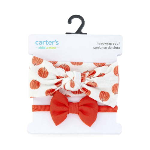 Carter's Child of Mine Infant Girl Bow Head Wrap Set, 2-Piece, Orange and White,