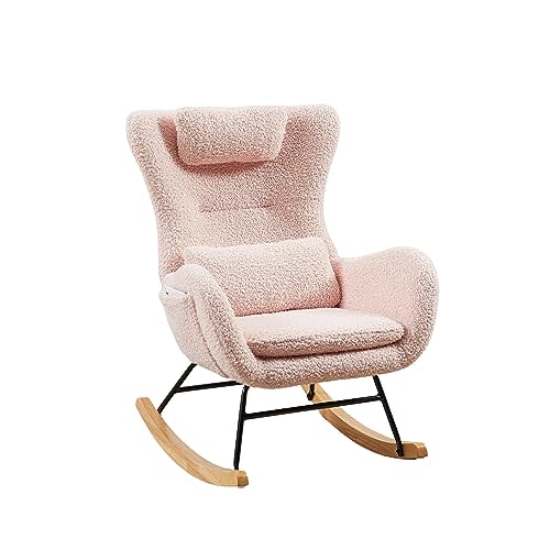LUSPAZ Small Rocking Chair Nursery, Modern Rocker Chair with High Backrest, Comfy Accent Glider Chair with Headrest and Throw Pillow (Pink)