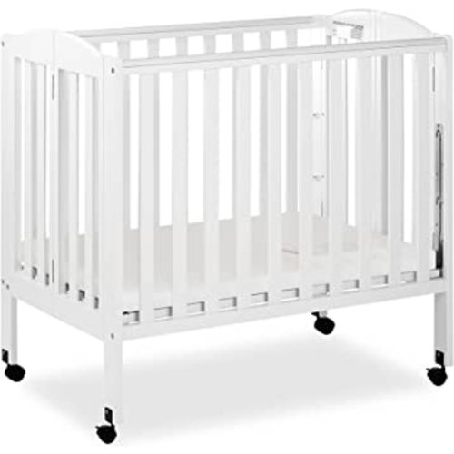 Dream On Me 3 in 1 Portable Folding Stationary Side Crib in White, Greenguard Gold Certified, Safety Wheel with Locking Casters, Convertible, 3 Mattress Heights