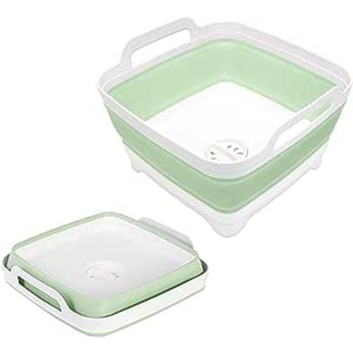 2.4 Gal(9L) Collapsible Dish Basin with Drain Plug, Space Saving Outdoor Multiuse Foldable Sink Tub, Dishpan, Kitchen Storage Tray for Camping, Vegetable Washing, RV (Green)