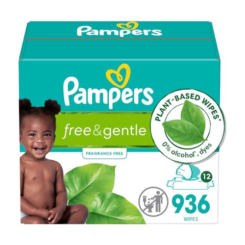 Pampers Free & Gentle 100% Plant-Based Fragrance Free Baby Wipes, 12 Flip-Top Packs (936 Wipes Total)