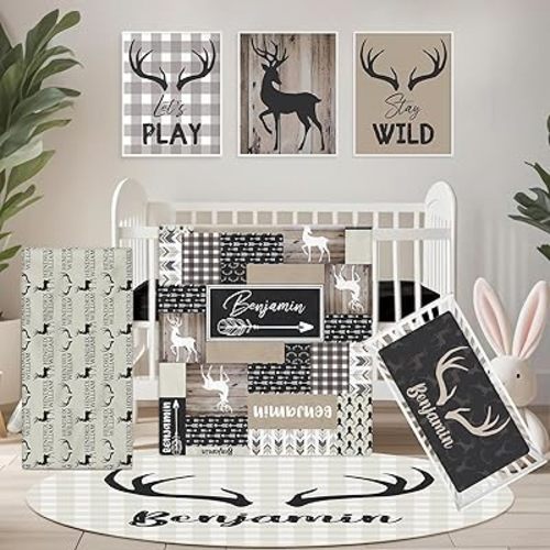 Personalized Crib Bedding Set for Boys, 5 Pcs Custom Name Toddler Bed Sets for Girls, Woodland Deer Blanket Baby Bedding Set, Boho Nursery Decor for Girls, Infants Babies Customized Gifts