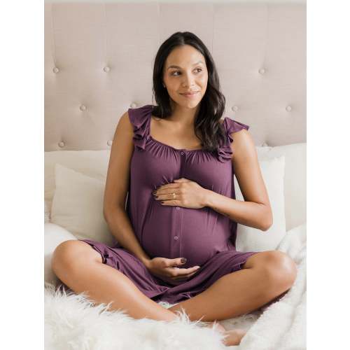Ruffle Strap Labor & Delivery Gown | Burgundy Plum