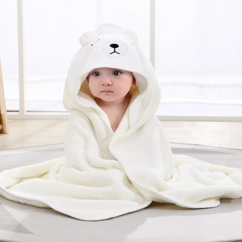 Hooded Baby Towel - Premium Soft Bath Towel for Baby, Newborn,Infant - Ultra Absorbent,Natural Baby Stuff Towel, Soft Coral Velvet Coral Fleece Bath Towel for Boys and Girls (White Bear)