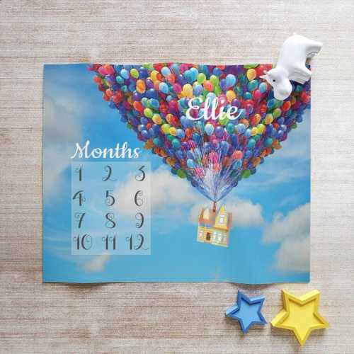 Rainbow Hot Air Balloons Baby Monthly Milestone Blanket, Calendar, Track Growth, Age, Watch me Grow, Up Sky, House Floating, Shower Gift