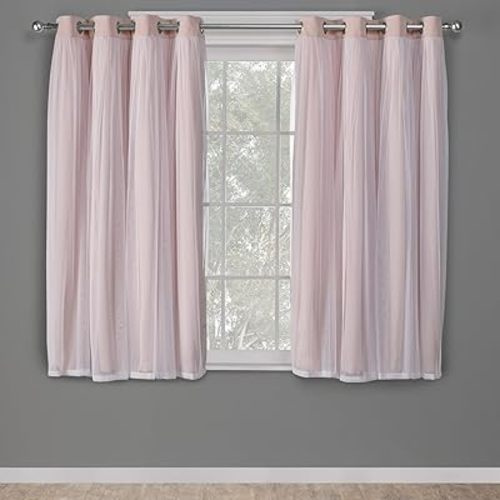 Exclusive Home Catarina Layered Solid Room Darkening Blackout and Sheer Grommet Top Curtain Panel Pair, 52"x63", Rose Blush - 52x63