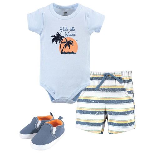 Hudson Baby Infant Boy Cotton Bodysuit, Shorts And Shoe 3pc Set, Ride Waves, 0-3 Months