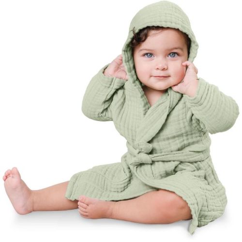 Muslin Bath Robe for Baby 100% Cotton, 4-Layer Absorbent Muslin Fabric By Comfy Cubs - White, 6-12 Months