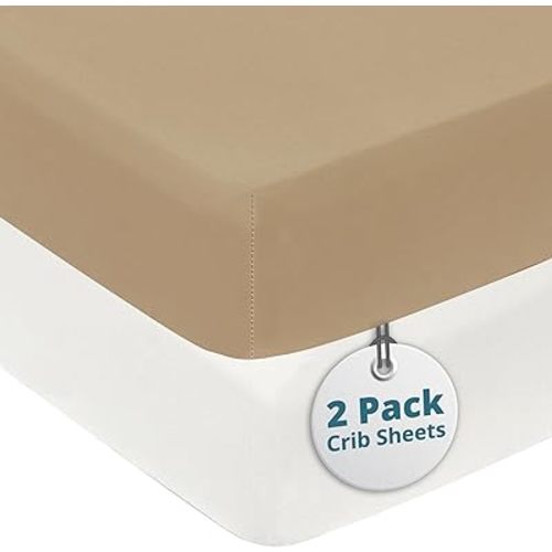 Neutral Crib Sheets - Super Soft & Breathable Toddler Mattress Sheets, Portable Fitted Sheets for Girls & Boys, 4 Way Stretch Knitted Fitted Sheet, 2 Pack - Taupe & White