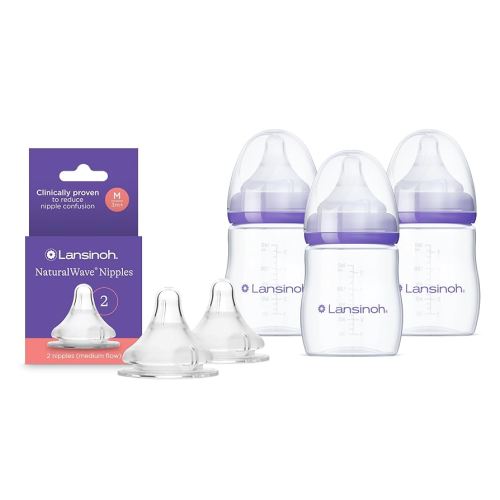 Lansinoh NaturalWave Medium Flow Nipples (2 ct) + 5 oz Anti-Colic Baby Bottles (3 ct) with Slow Flow Nipples, BPA-Free, Soft Silicone for Comfortable Feeding