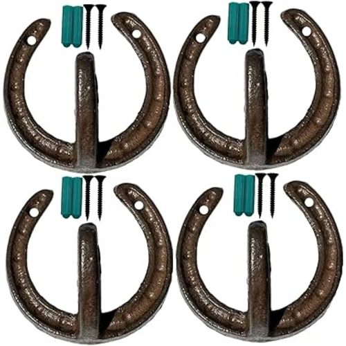 4 PCS Cast Iron Horseshoe Wall Hooks, Vintage Farmhouse Decorative Hooks for Coats, Hats&Towels, Heavy Duty Rustic Home Decor Coat Hooks