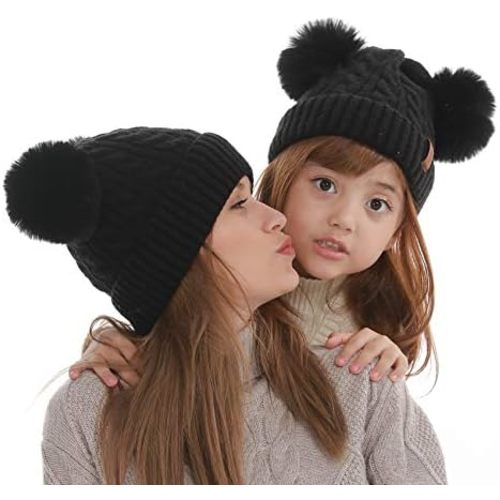 2 Pcs Mom and Baby Matching Hats Kids Winter Warm Knit Beanies for Boys Girls Mother Daughter Son