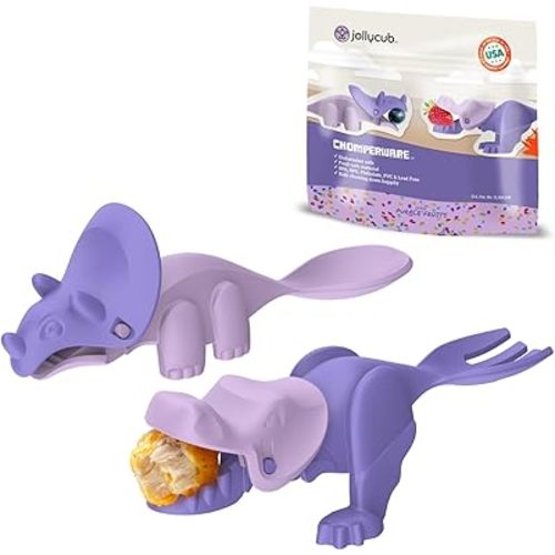 Jollycub® Interactive Toddler Utensils, Dino Chomperware™, Kids Silverware Set, BPA Free, Made in USA (Purple Fruits)