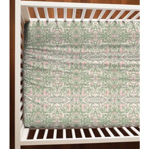 Pink & Green Crib Sheet Baby Bedding, Grandmillenial Floral Nursery, Chinoiserie Fitted Crib Sheet,