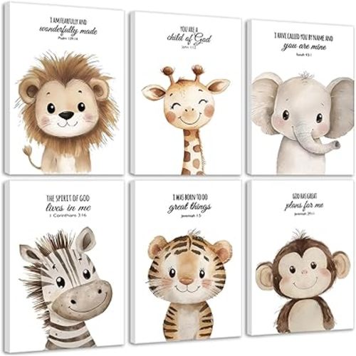 6Pcs Nursery Bible Verse Animal Canvas Wall Art Cute Woodland Animals Christian Picture Wall Decor Lions Elephant Giraffe Poster Print Artwork for Classroom BabyBedroom Boys Girls Home Decoration