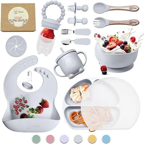 17-Piece BPA-Free Silicone Baby Feeding Set | Suction Plates, Baby Bowls, Wooden Fork & Spoon, and More | Make Mealtime Fun and Easy for Your Little One (Grey, V2)