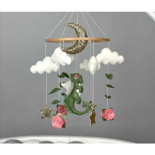 Dragon baby mobile girl Fantasy theme nursery Dragon crib mobile Flower mobile Felt dragon hanging mobile personalized