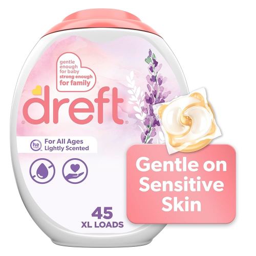 Dreft Laundry Detergent Pacs, Lightly Scented, Lavender, HE Compatible, For Baby and Family, XL Pacs, 45 Count