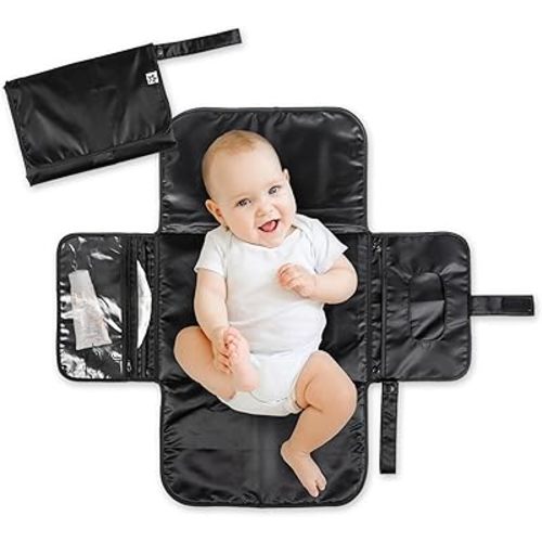 Tiny Twinkle Portable Diaper Changing Pad, Foldable Waterproof Baby Change Pad for Newborn Girl & Boy with Smart Wipes Pocket (Black)