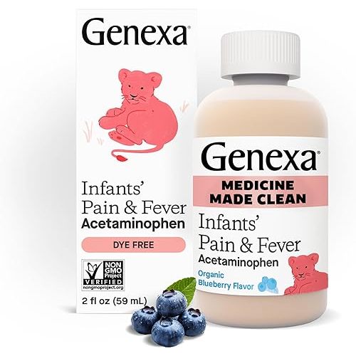 Genexa Infants’ Clean Pain & Fever Acetaminophen, Dye Free, 0% Artificial Additives, Delicious Organic Blueberry Flavor, Liquid Oral Suspension Medicine for Baby, 160 mg per 5mL, 2 fl oz
