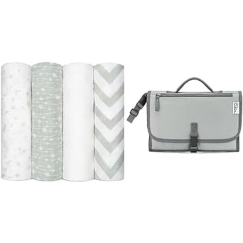 Comfy Cubs Muslin Swaddle Blankets and Portable Diaper Changing Pads Bundled