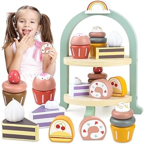 Wooden Cake Toys Tea Party Set, Desserts Food Toy with Cupcake Stand, Kids Pretend Play Kitchen Accessories, Wooden Play Food Set Toy Baking Gift for 3 4 5 Years Old Girls Boys