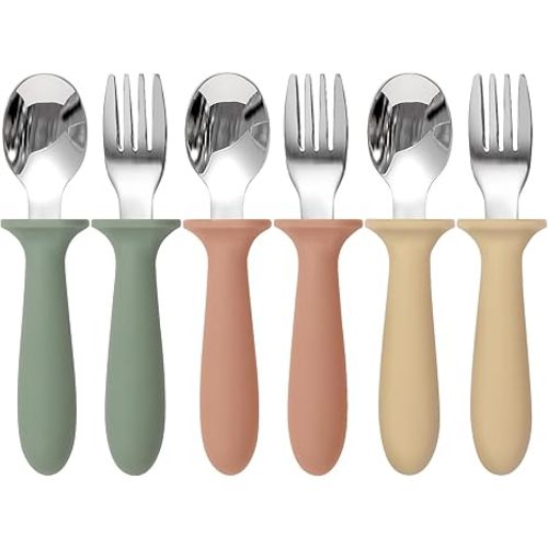 Eascrozn 6 Pack Toddler Utensils, kids Silverware with Silicone Handle, 18/8 Stainless Steel Children Safe Spoons and Forks Set Baby Feeding Essentials, Dishwasher Safe
