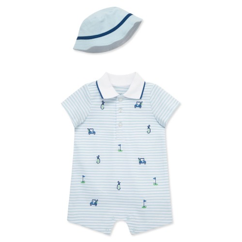 Stripe Golf Embroidered Cotton Polo Romper & Hat Set, 6M