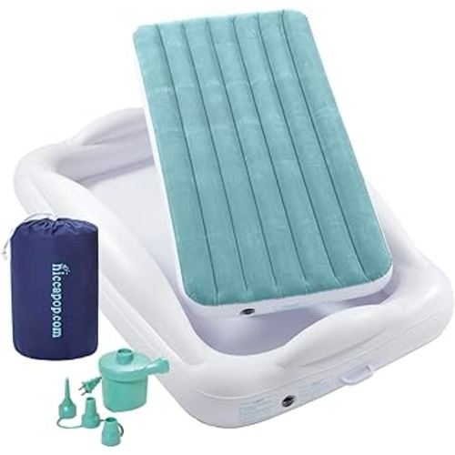 hiccapop Inflatable Toddler Travel Bed with Safety Bumpers [4-Sided], Portable Toddler Bed for Kids, Toddler Air Mattress, Kids Air Mattress - Misty Blue