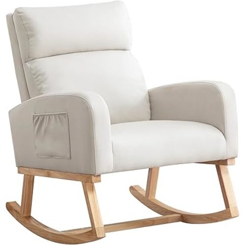 Rocking Chair Nursery, Uplostered Leather Rocker Nursing Chairs with Wood Legs and Side Pocket, Comfortable Glider Roking Chair for Nursery, Living Room, Bedroom, Leather Beige