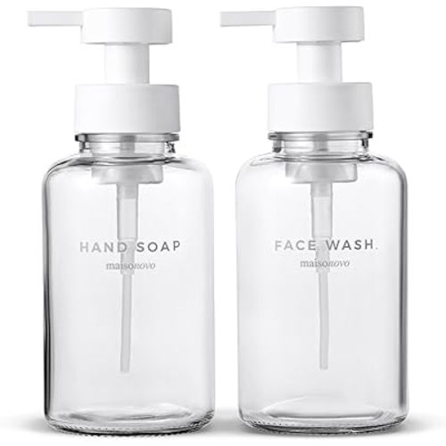MaisoNovo Glass Foaming Soap Dispenser 14 Oz | Clear Glass White Plastic Pumps x 2