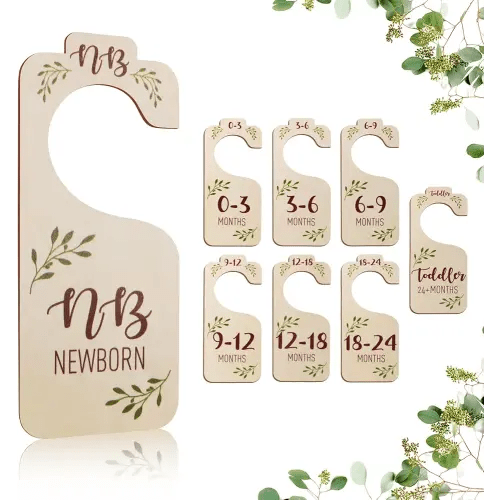 Baby Closet Dividers for Clothes Organizer - 8 PCS Adorable Wooden Double-Sided Baby Clothes Size Hanger Organizer from Newborn to Toddler for Nursery Decor