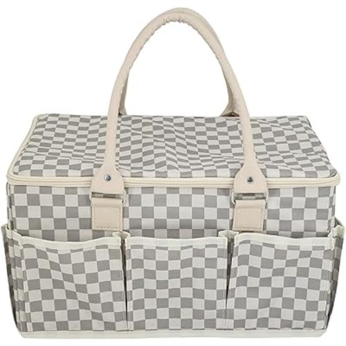 New Unique Diaper Caddy Organizer for Baby, Nursery Storage Organizer,Portable,Stylish,Space Saver, with Lid, Baby Registry Favorite, Picnic basket, Car Trunk Organizer, Cream & Grey, checkered Gray