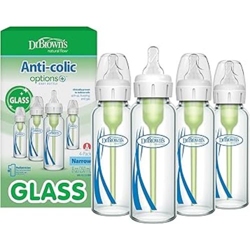 Amazon.com : Dr. Brown's Anti-Colic Options+ Narrow Glass Baby Bottle with Level 1 Slow Flow Nipple, BPA-Free, 4 oz/120mL, 4-Pack : Baby