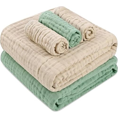 Muslin Baby Bath Set - 2 Large Gauze Towels & 3 Washcloths, 6-Layer 100% Muslin Cotton for Sensitive Skin. Multi-Use as Towel & Blanket. Perfect for Baby Showers & New Moms (Warm Series)