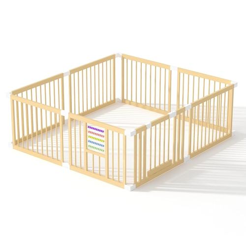 Baby Playpen with Gate, Wooden Playpen for Babies and Toddlers, Baby's Play Yard with Colorful Acrylic Beads, Baby Fence Play Area with Suction Cups, Extra Large Play Pen Area Indoor(79*71*24Inch)
