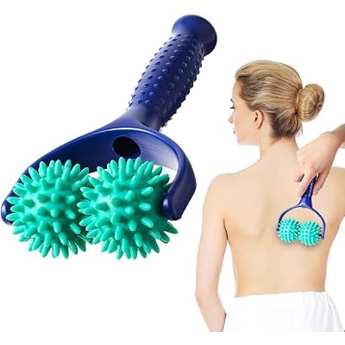 Handheld Spiky Massage Balls Rollers, 2 Wheel Spiky Massage Ball Rollers Silicone Manual Massage Roller with Handle Pressure Point Muscle Massage Tool for Foot Arm Body Neck Leg Pain Pressure Relief