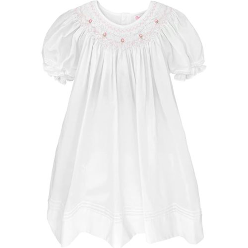 Petit Ami Baby Girls’ Daygown with Heart Smocking and Pearls, Newborn, White