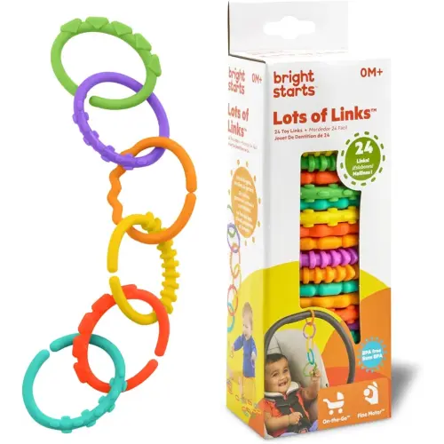 Bright Starts Lots of Links Rings Toys for Stroller or Carrier Seat, BPA-Free, Ages 0 Months Plus, Multicolor, 24 Count