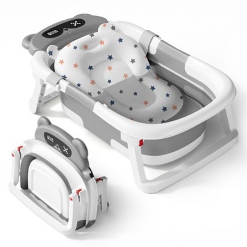 BabyBond Collapsible Baby Bathtub for Infants and Toddlers with Thermometer& 1 Soft Floating Cushion Portable Travel Baby Tub,Gray