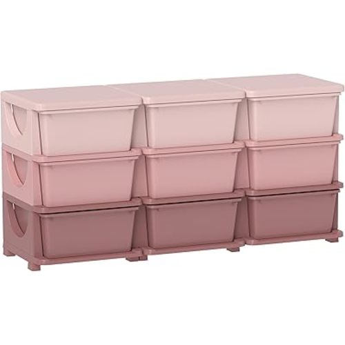 Qaba 3 Tier Kids Storage Unit, 9 Drawer Chest Toy Organizer Plastic Bins for Kids Bedroom Nursery Kindergarten Living Room for Boys Girls Toddlers, Pink