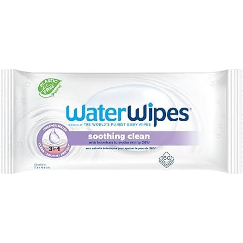 WaterWipes Plastic-Free Soothing Clean 99% Water Based Botanical Baby Wipes, Unscented & Hypoallergenic for Sensitive Skin, 1 Resealable Packs (60 Wipes)