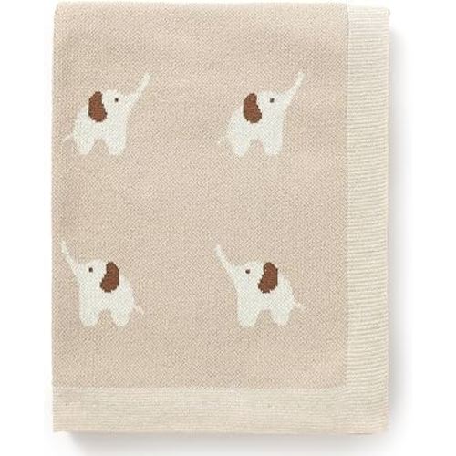 100% Cotton Baby Blanket Knit Soft Cozy Swaddle Receiving Blankets Toddler Infant blanket with Lovely Elephant for Newborn Boy Girls - Camel, 90 x 70cm