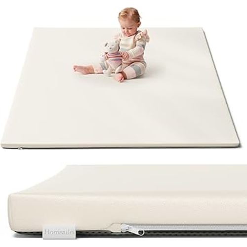 Padded Baby Play Mat 50 x 50, 1.2in Extra Thick & Super Soft Non Toxic Leathaire Baby Mat for Floor, Anti-Slip & Waterproof Baby Crawling Mat for Boy or Girl, Beige