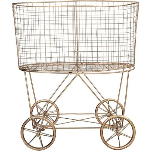 Creative Co-Op Vintage Reproduction Decorative Metal Laundry Basket on Wheels, Copper
