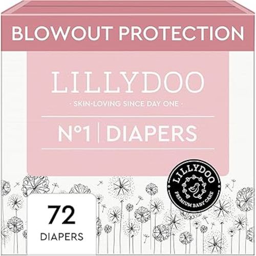 LILLYDOO Baby Diapers - Size 1 (4-11 lbs), Half-Monthly Supply (72 Count), Leak Protection, Skin-Friendly, Ultrasoft, Perfume- & Chlorine-Free, Hypoallergenic, dermatologically Tested, Oeko-TEX®