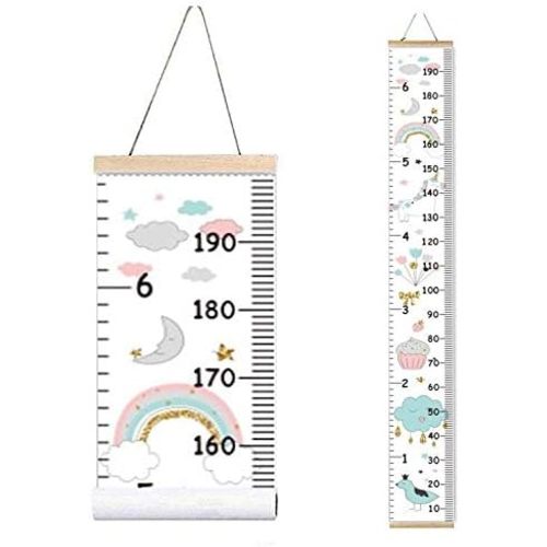 Kids Growth Chart, Wood Frame Fabric Canvas Height Measurement Ruler from Baby to Adult for Child's Room Decoration 7.9 x 79in (7.9 x 79in, Rainbow)