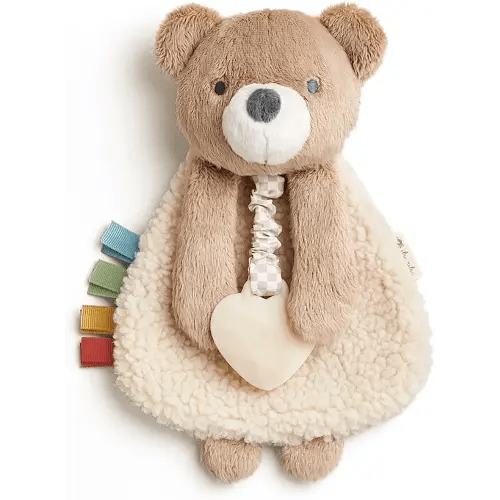 Itzy Ritzy - Itzy Lovey Including Teether - Baby Lovey with Teether, Textured Ribbons & Dangle Arms - Features Crinkle Sound, Sherpa Fabric and Minky Plush (Bear)